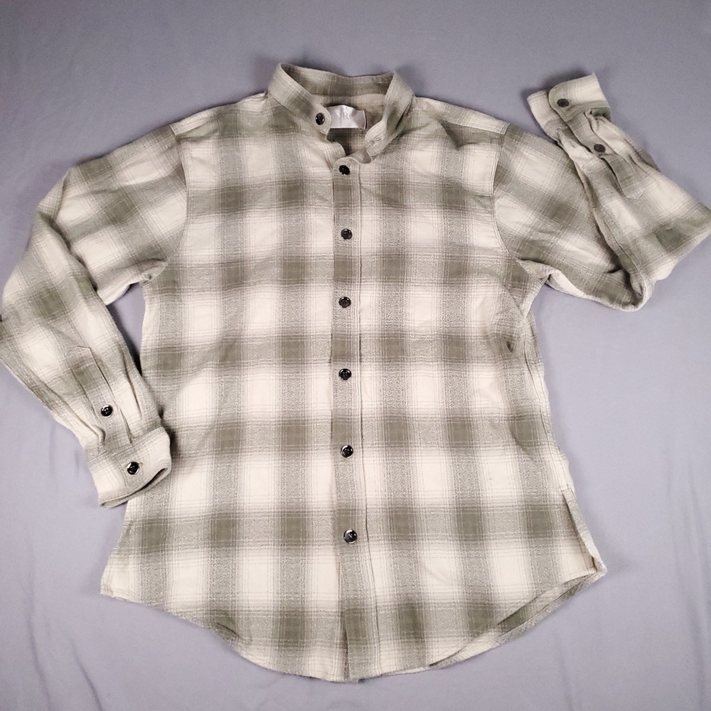 ORO Los Angeles Flannel Shirt Mens Large Plaid Band Collar Button Up Sage Green